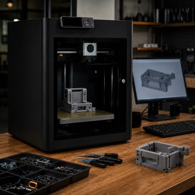 Industrial enclosed 3D printer with a complex part on the build plate; monitor shows the matching CAD model; tools and sample parts on the workbench — Enclosures