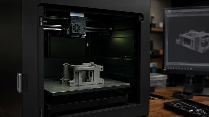 Industrial enclosed 3D printer with a complex part on the build plate