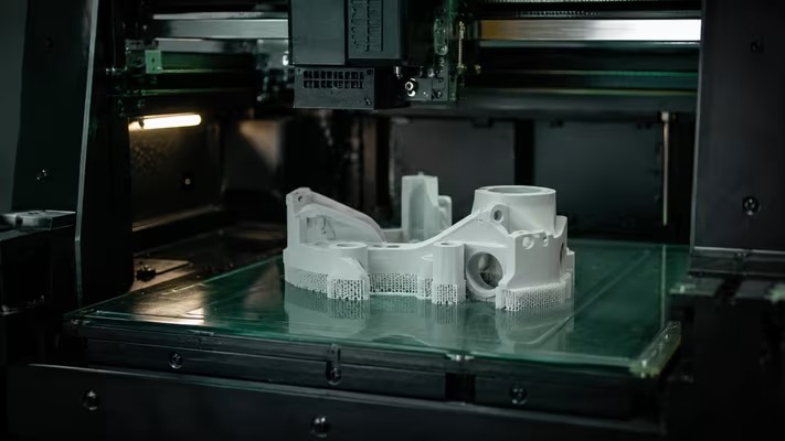 Close-up of a 3D printer head printing a detailed engineering part